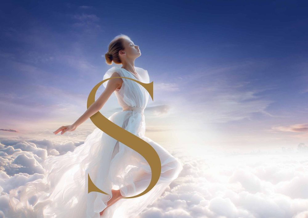 A resident in white against the clouds, forming the S of Summit, artist's impression
